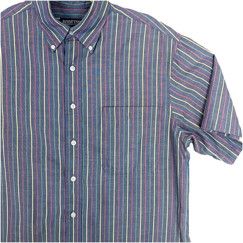 Lands' End Men's Multi-Striped Casual  Button Short Sleeve Shirt Large 15-15 1/5